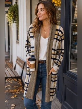 Oliver.O Navy Blue White and Yellow Plaid Cardigan Sweater Fall Size M Shacket